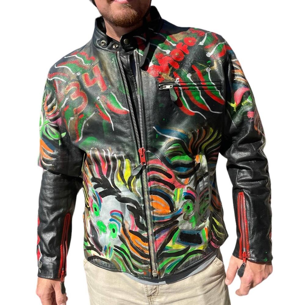 Vintage Biker Jacket, One-of-a-kind Custom‎ Painted Leather, "Get Lucky" Large